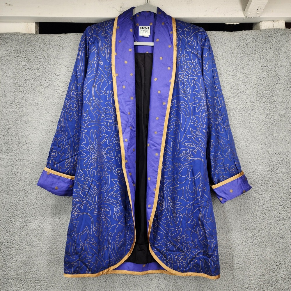 Jeanne Marc Vintage Blue Gold Floral Embroidered Open Duster Jacket Womens Small